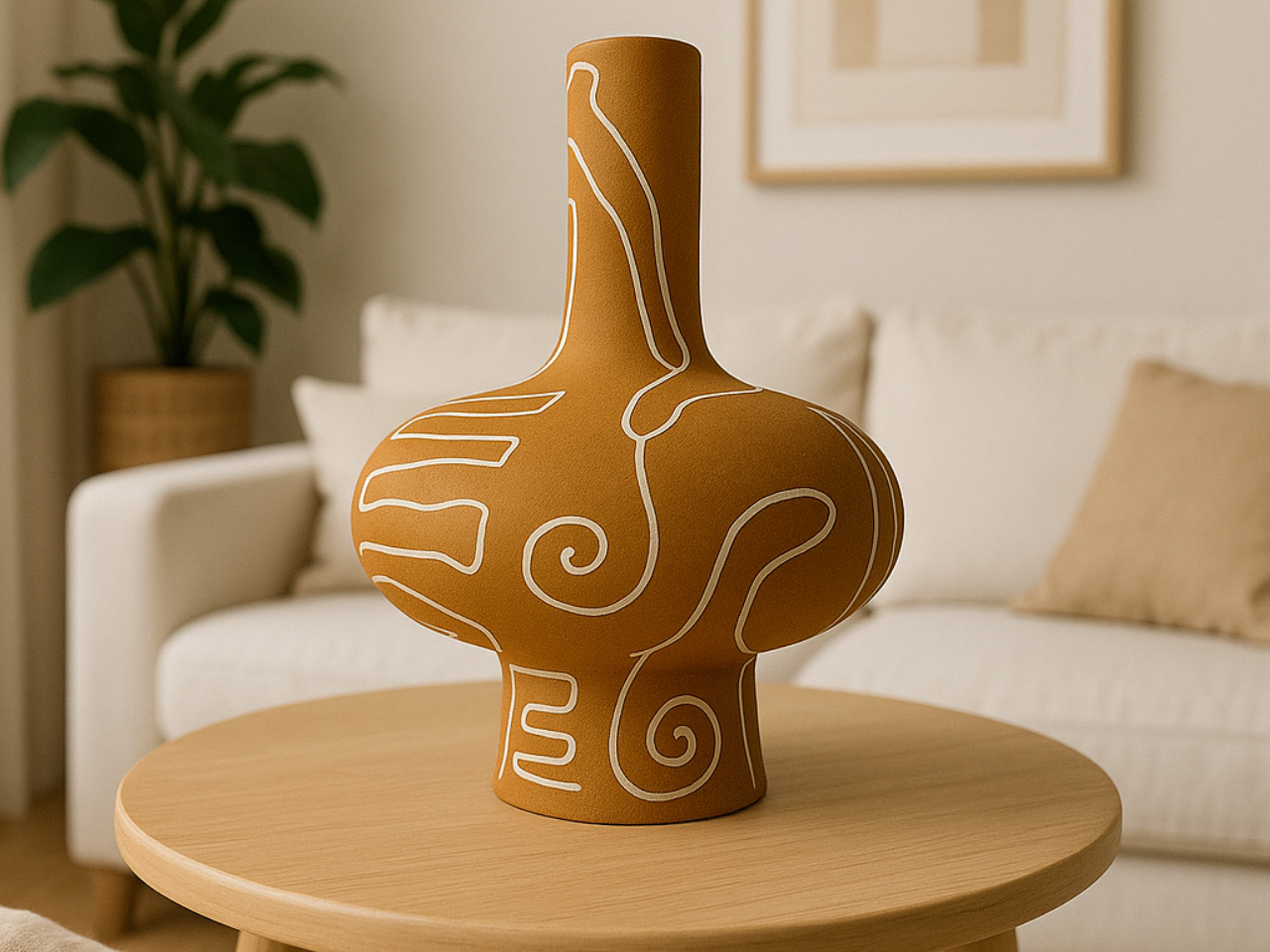 Decorative-vase-with-abstract-patterns-on-a-wooden-table-in-a-living-room-setting.