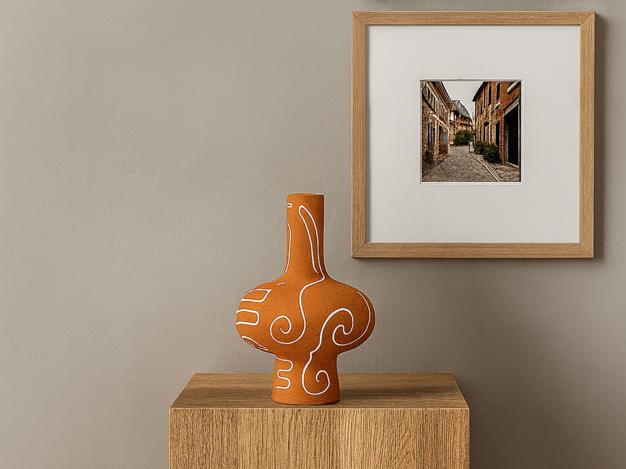 Decorative-vase-on-a-wooden-surface-with-a-framed-photograph-on-the-wall.